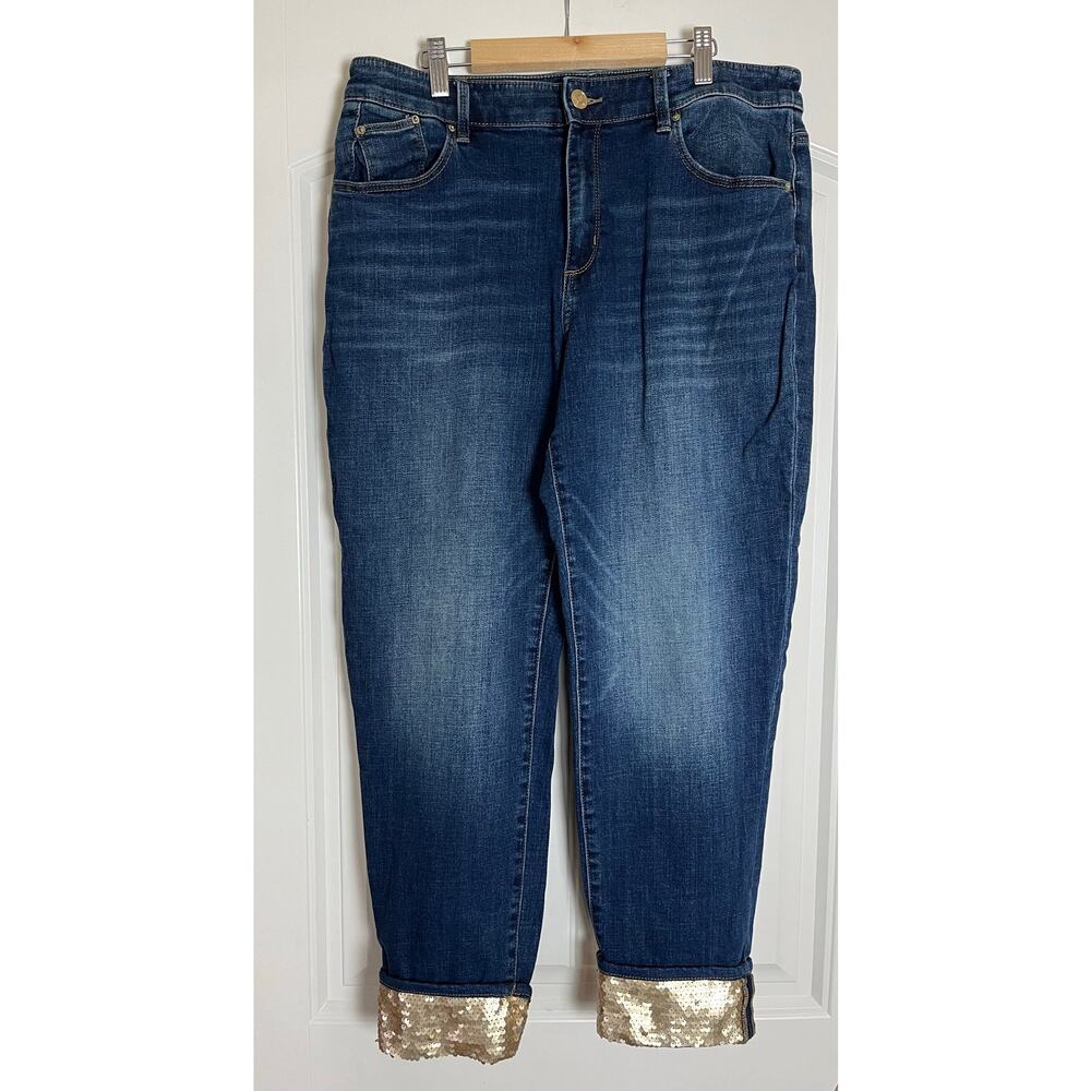 Chicos | Size 10R Boyfriend Ankle Jeans Gold Sequin-Embellished Cuffs